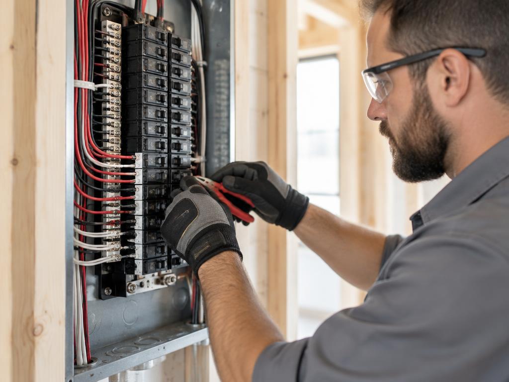 Illustrative electrician carefully working on a residential electrical panel