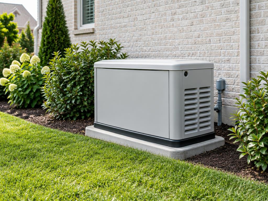 Illustrative whole-home standby generator beside a residential home