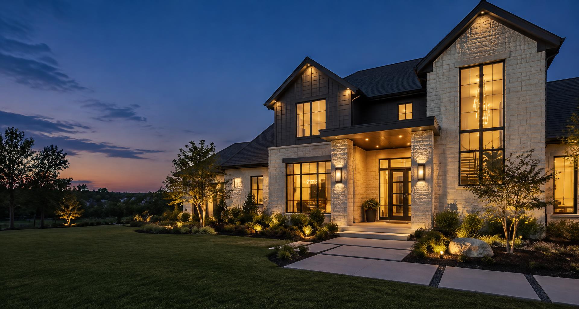 Modern home illuminated by carefully placed exterior and interior lighting